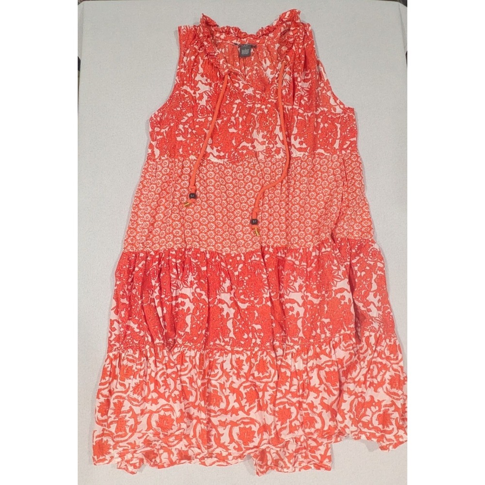 Chelsea & Theodore Dress Womens L Orange Excellent Floral Tiered Cotton Mini
